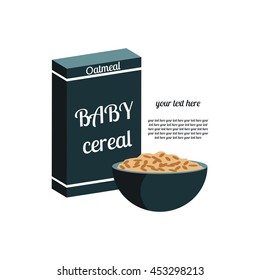 baby food. box of cereal. a Cup of oatmeal.