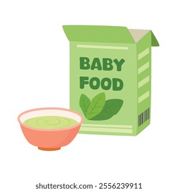 Baby food box vector illustration. Cartoon porridge breakfast package with vegetable. Healthy breakfast for baby with porridge pack and bowl. Baby element flat vector in cartoon style isolated.