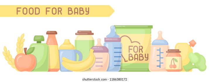 Baby Food Card With Inscription. Flat Style Vector Illustration. Suitable For Advertising