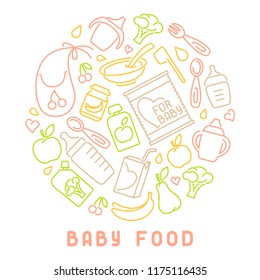 Baby Food Card With Lettering And Meal Elements. Linear Style Vector Illustration. Suitable For Advertising