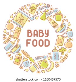 Baby food card. Linear style vector illustration. Suitable for advertising. There is place for your text