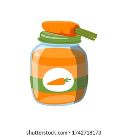 Baby Food Carrot Puree. Supplemental Baby Food Products. Feeding Of Small Child Cartoon Illustration. Fresh Carrot Juice In Jar. Cartoon Vector Icon