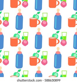 Baby food cartoon seamless pattern. Bottle with dummy, apples, cup and glass with juice isolated flat vectors. Fruits and dishes ornament with repeating elements for wrapping paper, cards and prints