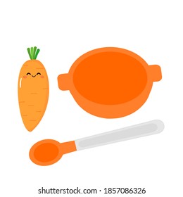 Baby food cartoon set with carrot, bowl and spoon icons on white background vector illustration.