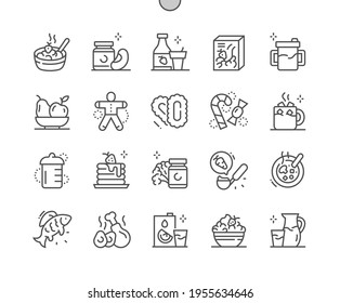 Baby food. Childhood Nutrition. Milk, yoghurt, flakes, juice, fruit, cake, eggs and meat. Natural and tasty. Pixel Perfect Vector Thin Line Icons. Simple Minimal Pictogram