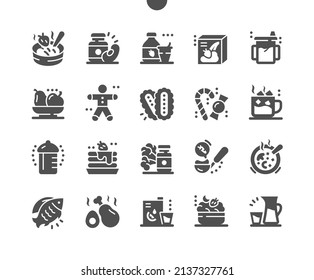 Baby food. Childhood Nutrition. Milk, yoghurt, flakes, juice, fruit, cake, eggs and meat. Natural and tasty. Vector Solid Icons. Simple Pictogram