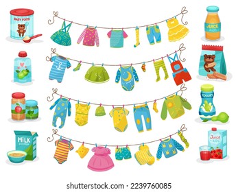 Baby Food and Clothes Hanging on Rope Drying After Laundry Vector Set