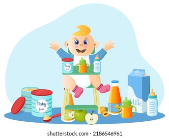 Baby food and a feeding chair. Powdered milk mixture in a tin, milk, yogurt, apricot and applesauce, cottage cheese and apple juice.Vector illustration.
