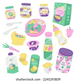 Baby food flat icons set. Organic products for balanced children nutrition. Drinks and meals. Healthy menu. Vegetables, cereals, blueberry and pumpkin puree? Color isolated illustrations