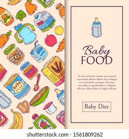 Baby food formula puree seamless pattern vector illustration. Nutrition for kids. Babies bottles and complementary feeding. Infants and toddlers first meal product