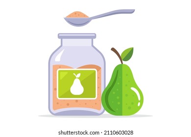 baby food in a glass jar. pear puree. fruit dessert. flat vector illustration.