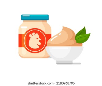 Baby food icon with chicken puree, meat pate in glass jar and bowl. Kids healthy nutrition for infants in container with label. Vector colorful flat illustration isolated on white background