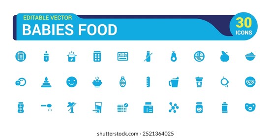 Colecciones del icono de la comida del bebé, tales como botella, tarro, polvo, cereal y más. Conjunto de iconos rellenos, iconos de glifo para Web y ui. Conjunto de iconos sólidos. Ilustración vectorial.