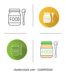 Baby food icon. Healthy nutrition. Fruit puree jar with spoon. Flat design, linear and color styles. Isolated vector illustrations