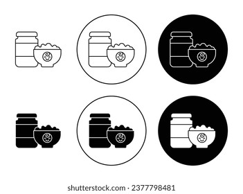 Baby food icon set in black filled and outlined style. Child food jar container and spoon vector symbol for ui designs.