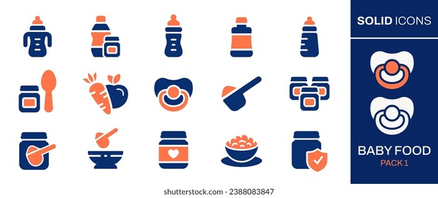 Baby food icon set. Collection of bottle, spoon, jar, powder, milk and more. Vector illustration. Easily changes to any color.