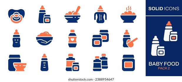 Baby food icon set. Collection of bottle, spoon, jar, powder, plate and more. Vector illustration. Easily changes to any color.