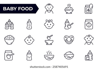 Baby food icon set, such as bottle, jar, powder, cereal and more. Editable stroke. vector illustration