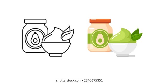 Baby food icons with avocado puree in glass jar and bowl. Vector outline and colorful illustrations of healthy nutrition for infants in container with label. Kids food from organic fruits in bottle