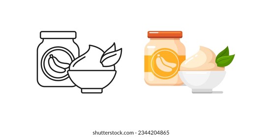 Baby food icons with banana puree in glass jar and bowl. Vector outline and colorful illustrations of healthy nutrition for infants in container with label. Kids food from organic fruits in bottle