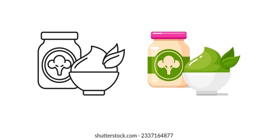 Baby food icons with broccoli puree in glass jar and bowl. Vector outline and colorful illustrations of healthy nutrition for infants in container with label. Kids food from vegetables in bottle