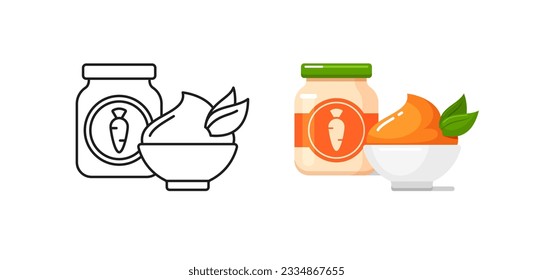 Baby food icons with carrot puree in glass jar and bowl. Vector outline and colorful illustrations of healthy nutrition for infants in container with label. Kids food from organic vegetables in bottle