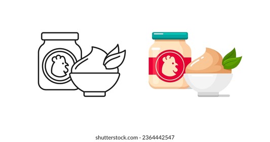 Baby food icons with chicken puree, pate in small glass jar and white ceramic bowl. Black vector outline and flat colorful illustrations of healthy nutrition for infants in container with label