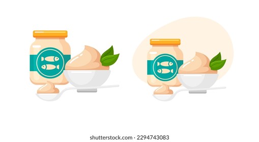 Baby food icons with fish pate in glass jar, bowl and spoon. Healthy nutrition for infants in container with label. Vector flat cartoon illustration isolated on white background