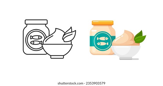 Baby food icons with fish puree, pate in small glass jar and white ceramic bowl. Vector outline and colorful illustrations of healthy nutrition for infants in container with label