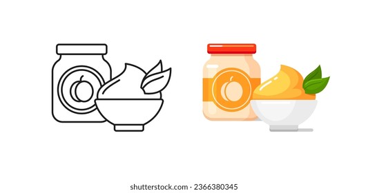 Iconos de comida para bebés con puré de melocotón en frasco de vidrio y tazón blanco. Esbozo vectorial e ilustraciones coloridas de la nutrición saludable para los niños en el recipiente con etiqueta. Alimentos para niños a partir de frutas orgánicas