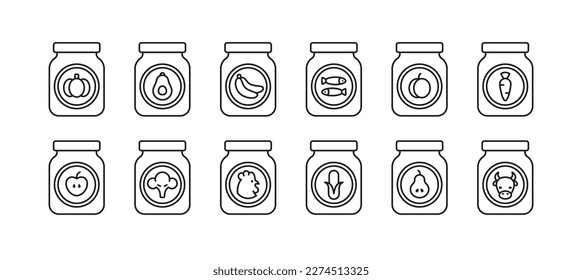 Baby food icons with puree in glass jar. Apple, banana, carrot, pear, fish, corn, chicken, pumpkin, peach, beef, avocado and broccoli. Vector outline sign of healthy nutrition in container with label