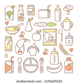 Baby food icons set. Linear style vector illustration