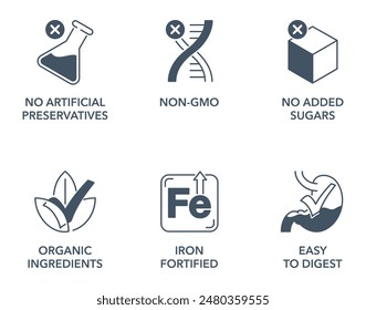 Ikonen für Babynahrung mit Hauptmerkmalen - leicht verdaulich, mit Eisen angereichert, Bio-Zutaten, keine Zuckerzusätze, Nicht-GVO und keine künstlichen Konservierungsstoffe. Piktogramme zur Kennzeichnung im flachen Stil