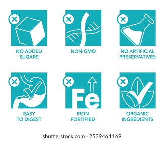 Conjunto de iconos de alimentos para bebés con características principales: fácil de digerir, fortificado con hierro, ingredientes orgánicos, sin azúcares añadidos, sin OMG y sin conservantes artificiales. Pictogramas para el etiquetado en forma cuadrada