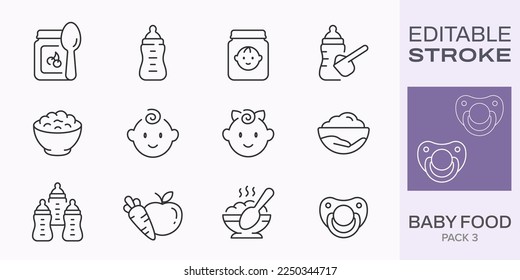 Baby food icons, such as bottle, jar, powder, cereal and more. Editable stroke.