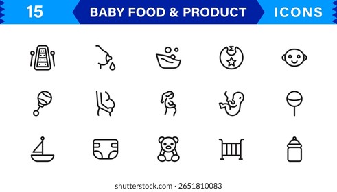 Baby Food and Infant Product Symbols – Professional Modern Line Icon Pack with Unique Vector Style for Nutrition, Care, and Baby Essentials
