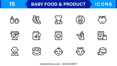 Baby Food and Infant Product Symbols – Professional Modern Line Icon Pack with Unique Vector Style for Nutrition, Care, and Baby Essentials