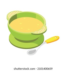 Baby Food Isometric Icon With Green Bowl Of Puree Or Soup And Spoon 3d Vector Illustration