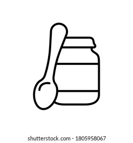 Baby food jar with cap, spoon. Line art icon of canned food, jam, peanut butter, puree. Black simple illustration of ready mash in glass bottle. Contour isolated vector pictogram, white background