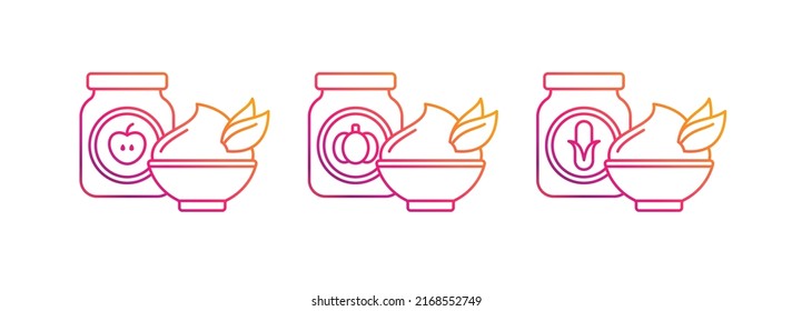 Baby food jars and bowls with apple, pumpkin, corn puree. Fruit jam, yogurt and vegetable mousse in cups. Set of kids nutrition red icons. Vector outline illustrations isolated on white background