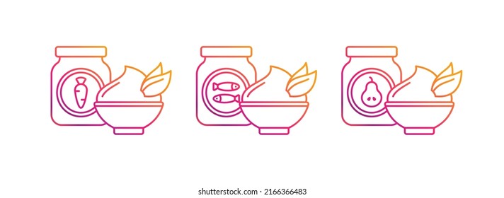 Baby food jars and bowls with fish, carrot, pear puree. Fruit jam, yogurt and meat pate in cups. Set of kids nutrition red icons. Vector outline pink illustrations isolated on white background