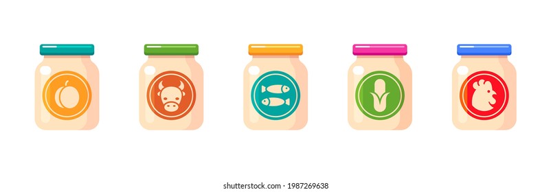 Baby food jars. Fruit, meat and vegetable puree with corn, fish, peach, beef and chicken. Set of kids nutrition icons. Vector colorful flat illustrations isolated on white background