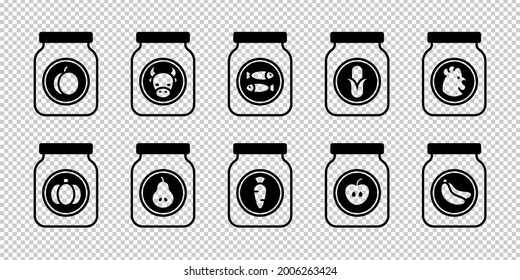 Baby food jars. Fruit, meat and vegetable puree with corn, pumpkin, apple, banana, carrot, pear, fish, peach, beef and chicken. Vector set of kids nutrition icons on checkered background