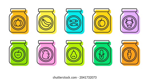 Baby food jars. Fruit, meat and vegetable puree with corn, pumpkin, apple, banana, carrot, pear, fish, peach, beef and chicken. Vector set of kids nutrition outline colorful icons