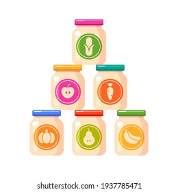 Baby food jars. Fruit and vegetable puree with corn, pumpkin, apple, banana, carrot and pear. Set of kids nutrition icons. Vector colorful flat illustrations isolated on white background
