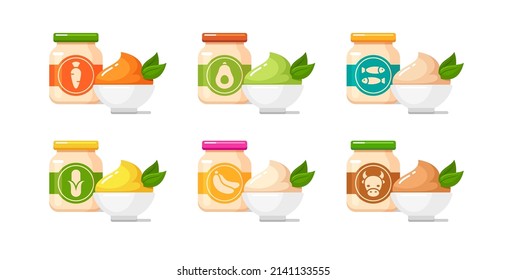 Baby food jars icons. White bowls with banana, carrot, avocado, corn puree, fish and beef pate. Set of kids nutrition vector colorful flat illustrations