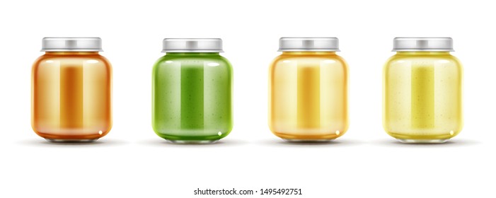 Baby food jars set, glass puree bottles with cap isolated on white background mock up design. Blank preserve tubes for child vegetables and fruits nutrition mockup. Realistic 3d vector illustration