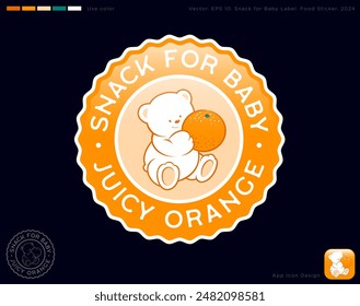 Baby food label. Food sticker, round label with wavy edges. Identity, used color. White teddy bear with an orange.