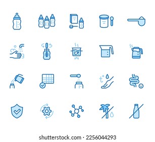 Baby food line icon set. Infant formula - bottle, wash hands, sterilize, digestion minimal vector illustration. Simple outline sign for powder milk package. Blue Color, Editable Stroke