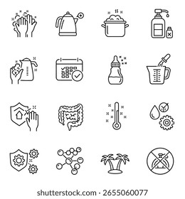 Conjunto de ícones de alimentos para bebês. Fórmula infantil - garrafa, lavar as mãos, esterilizar, digestão mínima ilustração vetor